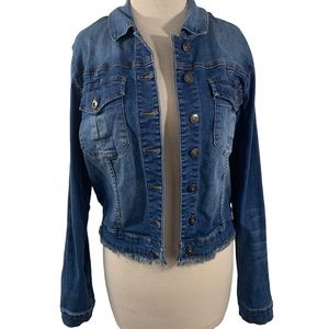 LILA RYAN Jean Jacket Dwight Style Sz L EUC Distressed Hem Button Front …